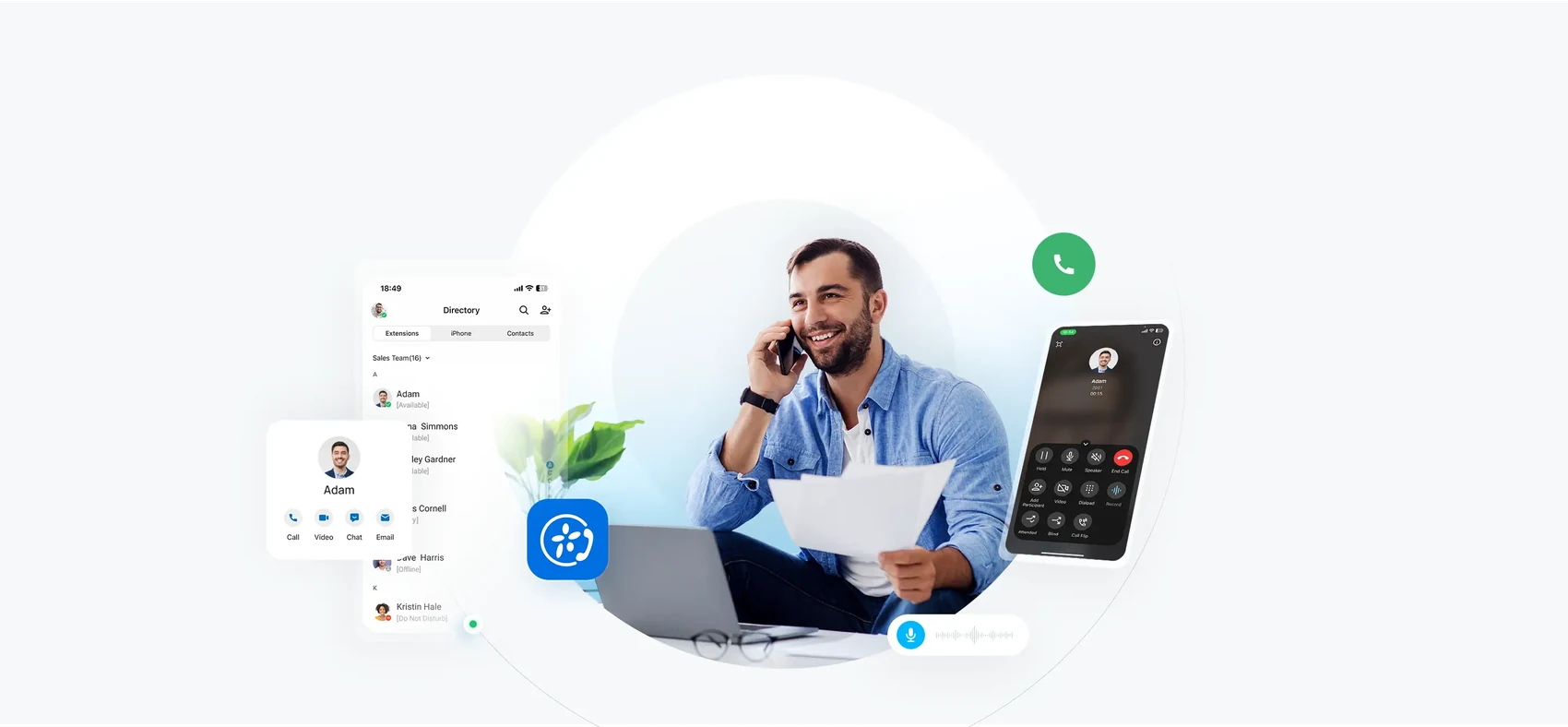 La misma extensión de Linkus abierta en la computadora y en el celular, con el directorio de contactos y los controles de llamada